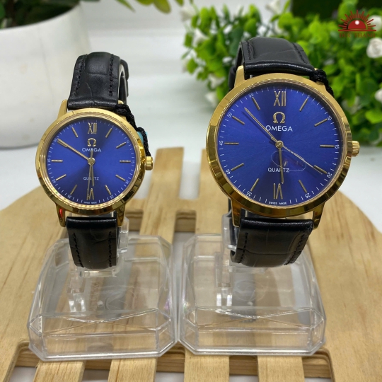 Đồng Hồ Cặp Omega - Mặt Xanh Niềng Vàng - A003L