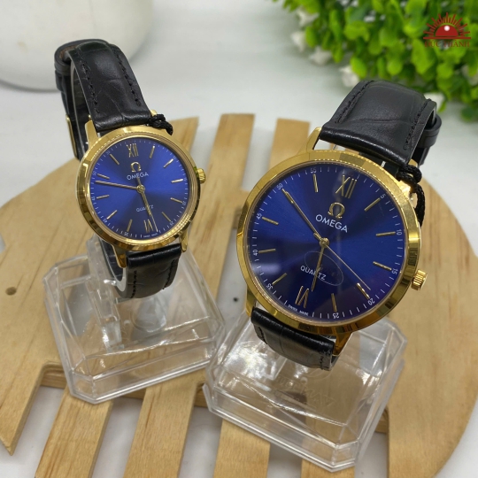 Đồng Hồ Cặp Omega - Mặt Xanh Niềng Vàng - A003L