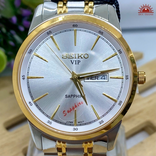 Đồng Hồ Nam Seiko - Mặt Trắng Niềng Vàng Vỏ Trắng- SK2084